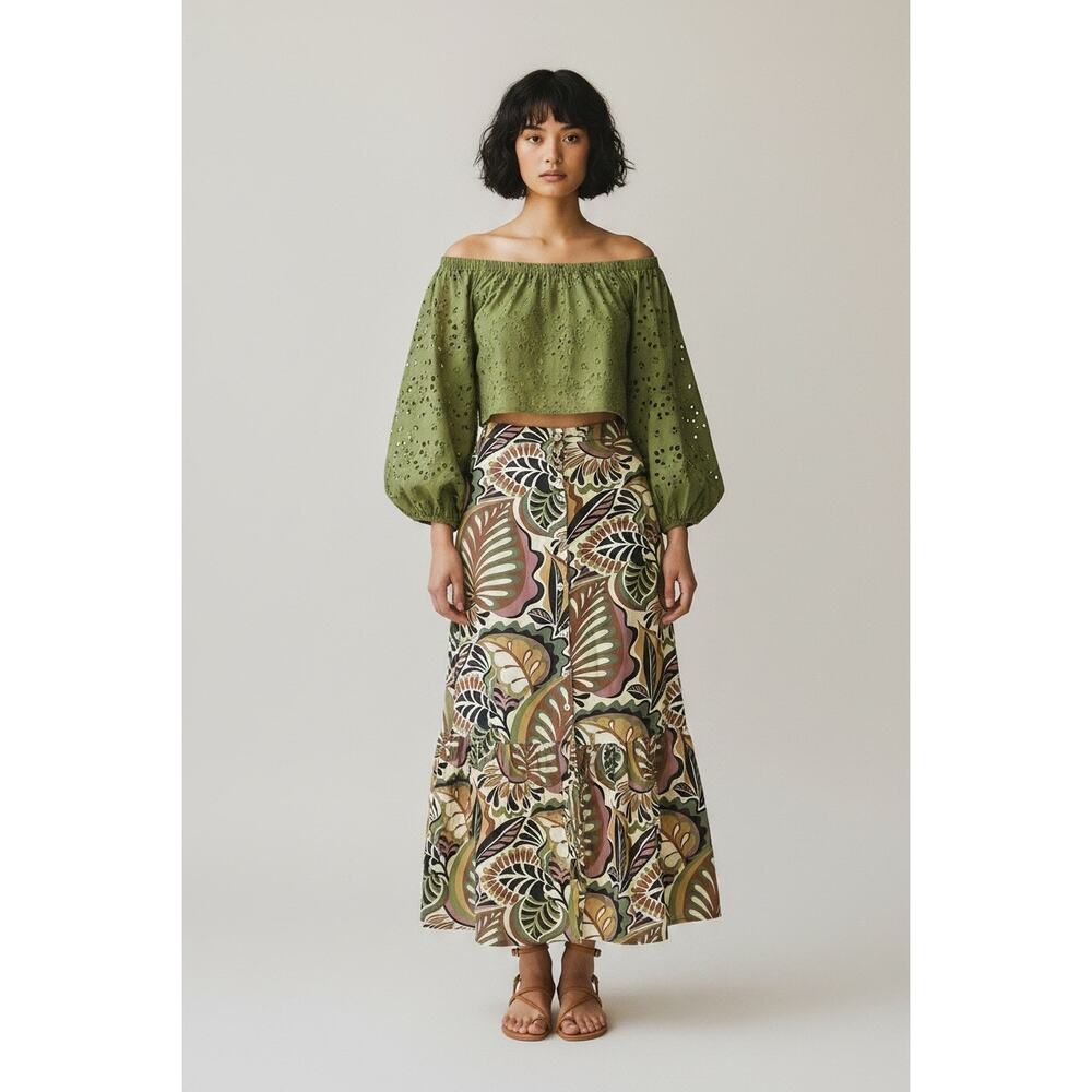 DR2 Daniel Rainn Boho Tropical Leaf Button Front Maxi Skirt Ruffle Hem Large